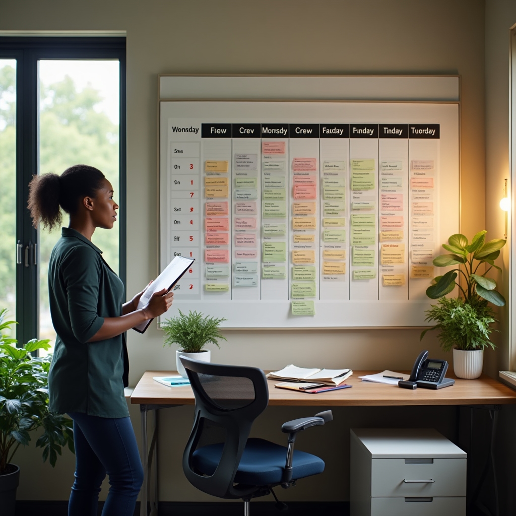 Weekly crew scheduling board with color-coded shifts visible in a landscaping company office
