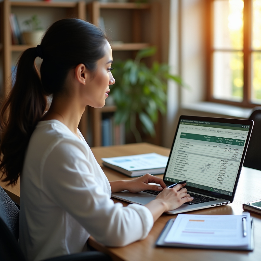 Landscaping business owner reviewing job estimate spreadsheet on laptop with historical job data visible