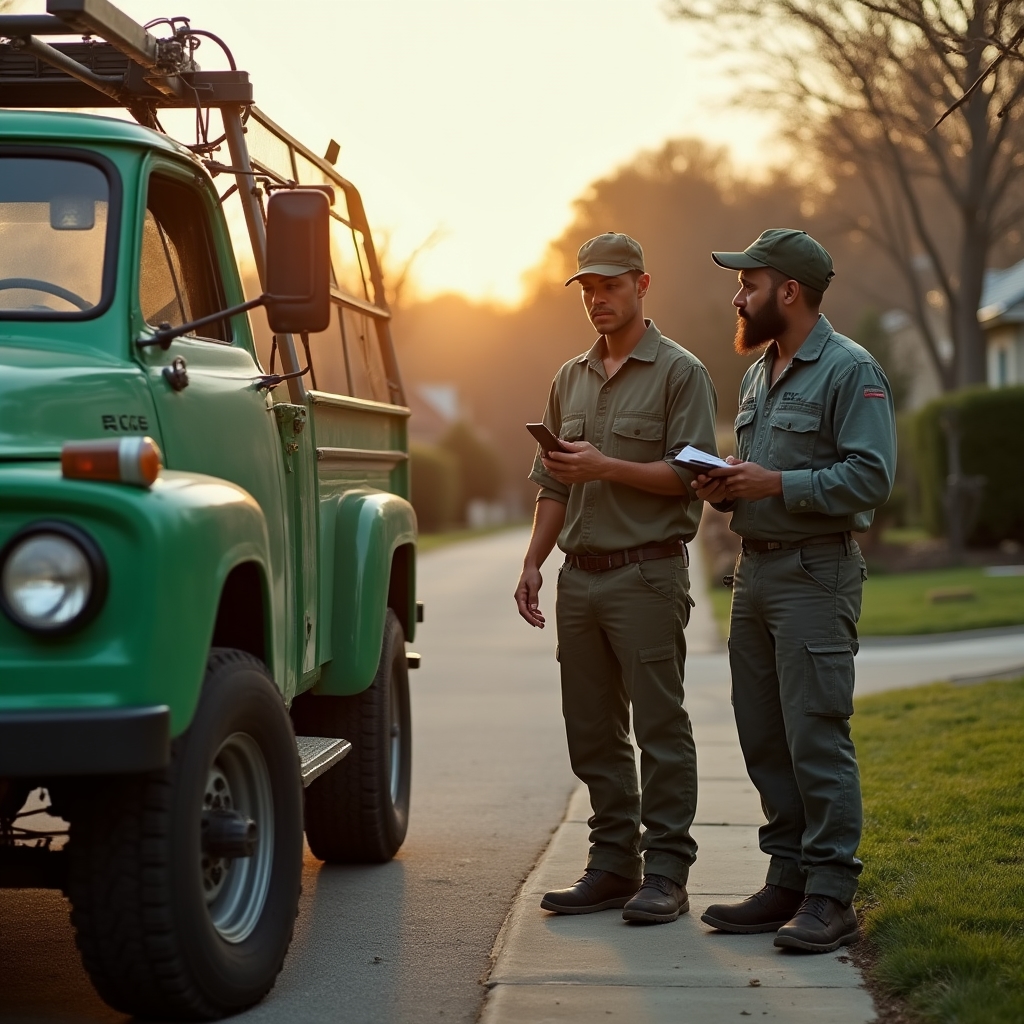 Landscaping crew leader debriefing with two crew members beside a truck at end of work day reviewing completed jobs