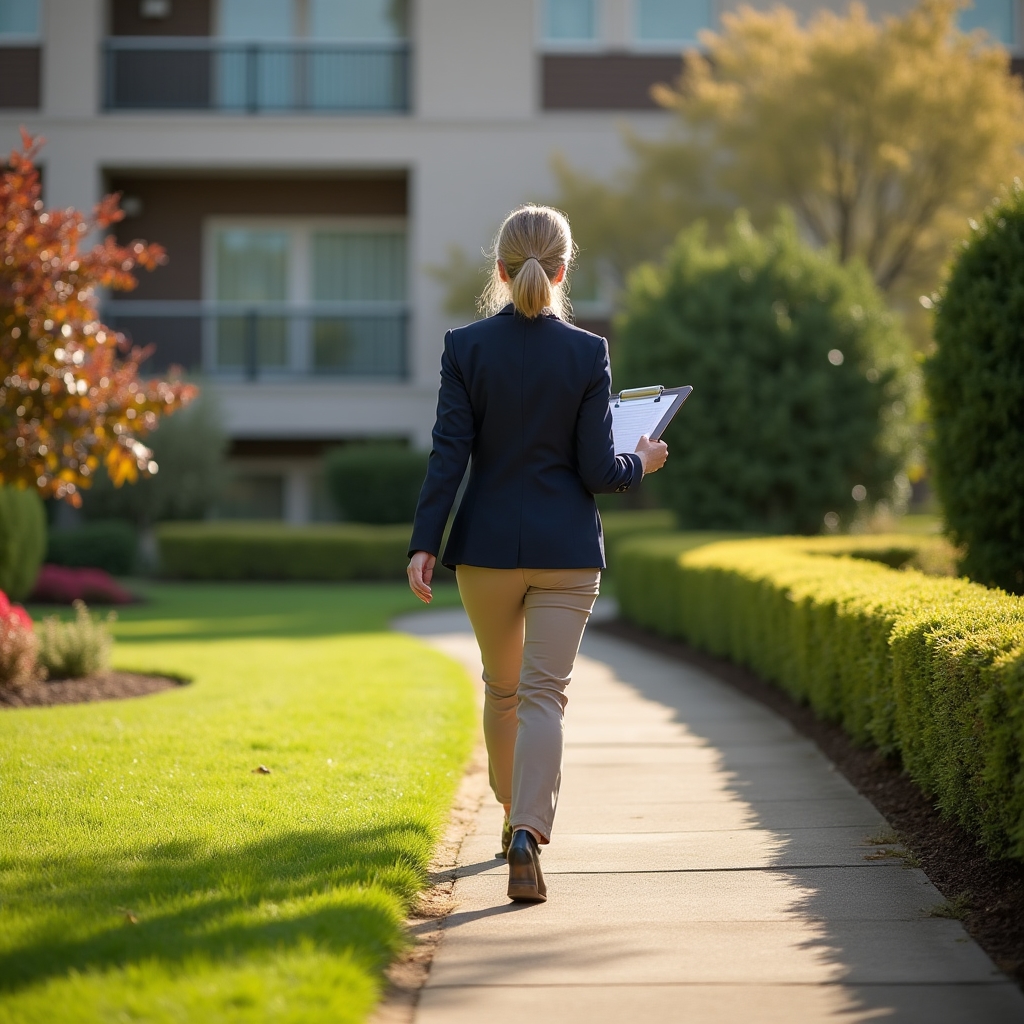 Property manager in business casual attire walking through a manicured commercial property grounds with a clipboard reviewing landscaping work