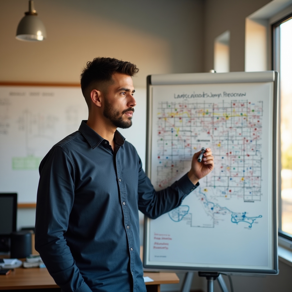 Landscaping business owner marking route zones on a whiteboard during workshop planning session